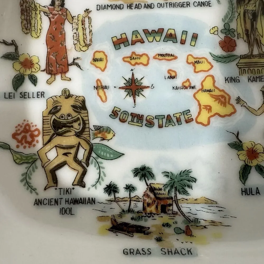Vintage Hawaii 50th State Souvenir Ashtray Ceramic Square Dish Gold Trim Hula